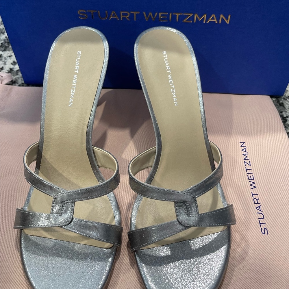 Stuart Weitzman Metallic Silver Heeled Sandals